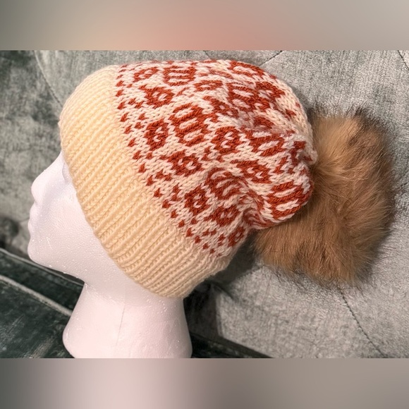 Handmade Hand Crafted Adult Fall Knit Wool Hat Cream and Pumpkin - Picture 2 of 4